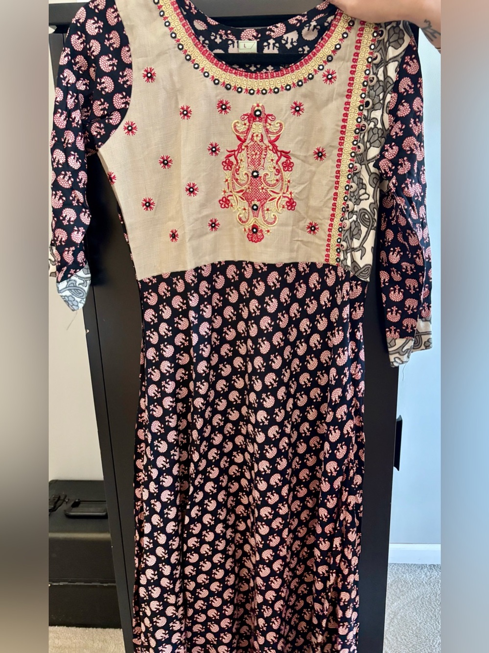 ONE OF A KIND Embroidered Black & Pink Maxi Dress with Cream Yoke
